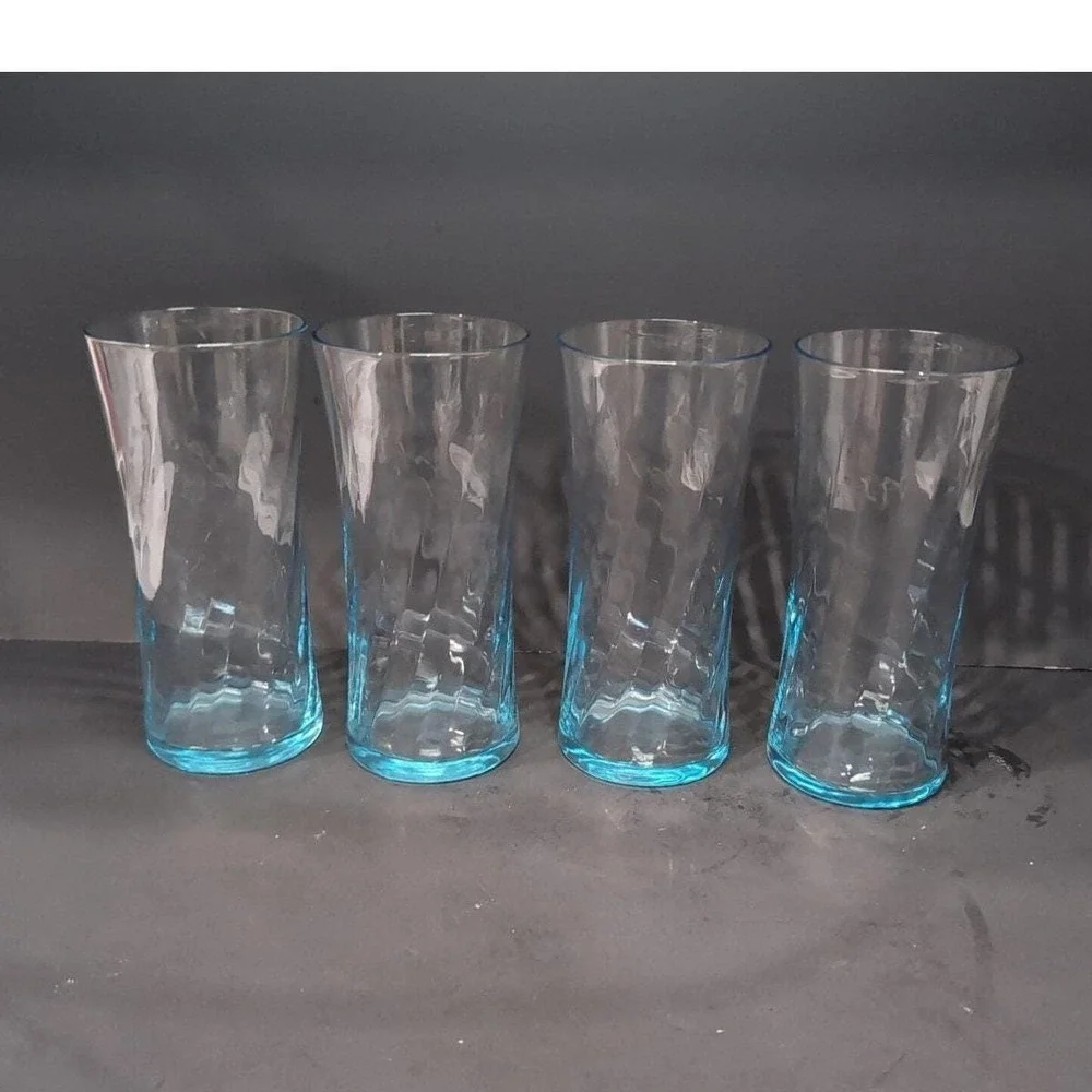 Wheaton‎ Blue Tint Highball Glasses, Set of 4, Vintage Optic Swirl Pressed Glass